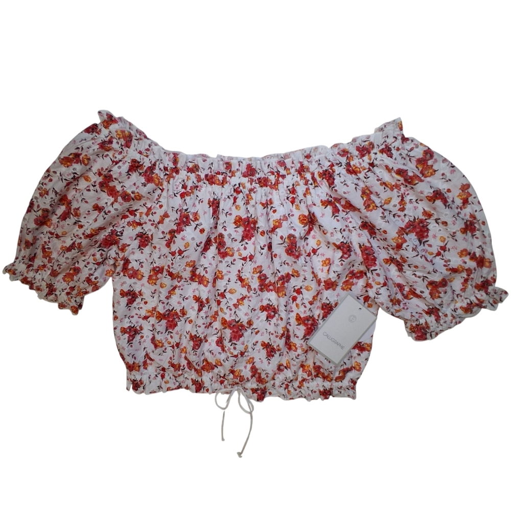 NWT Red and White Smocked Puff Sleeve Blouse with Tie Front Cotton  Size Medium